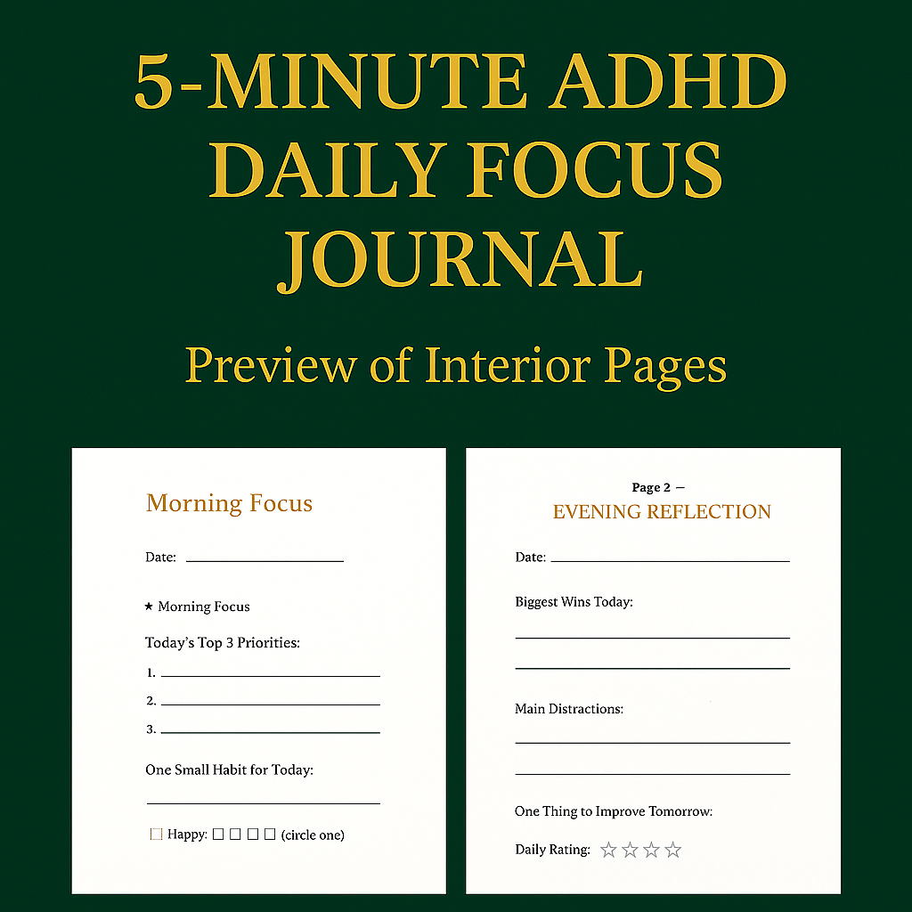 5-Minute ADHD Daily Focus Journal (Undated, 90 Days)