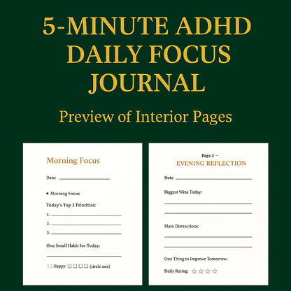 5-Minute ADHD Daily Focus Journal (Undated, 90 Days)